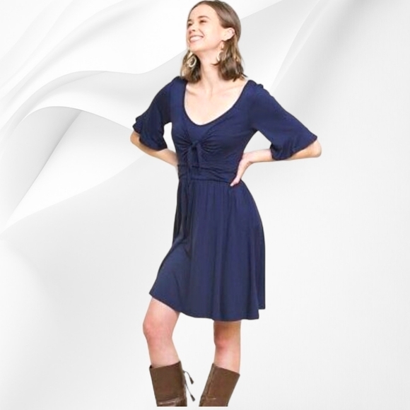 UMGEE - V-Neck Ruffle Sleeve Navy Blue Dress - Picture 1 of 5